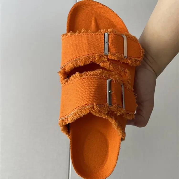 European Casual Double Buckle Tassel Clogs Slides Women Sandals Canvas Summer Cork Birken Slippers