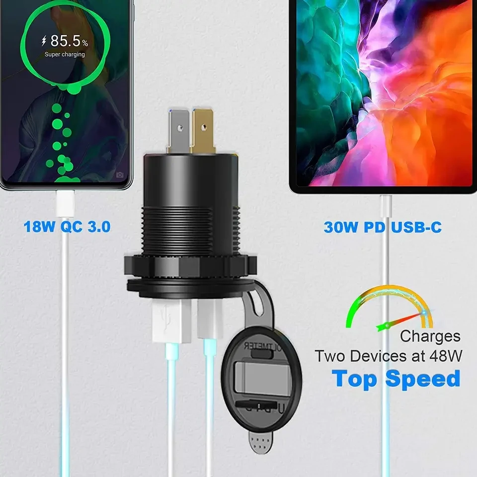 48W PD3.0 & QC3.0 USB C Car Charger and Waterproof Rocker Toggle Switch 12V/24V USB Outlet Panel mount