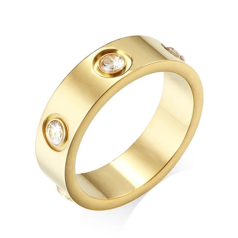 C&J Trendy Stainless Steel Jewelry Cubic Zirconia Stone Ring Custom Band Zircon Gold Ring for Women Men LOVE Screw Ring
