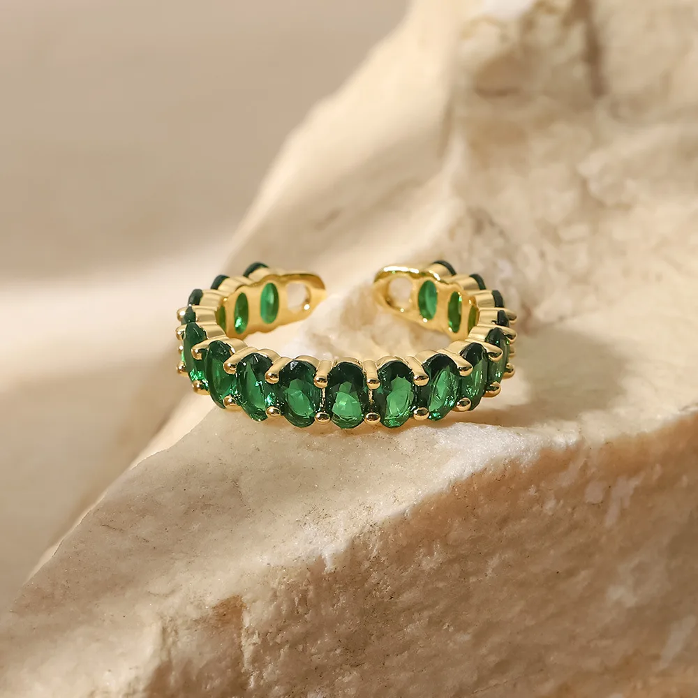 European and American 18K Gold Stainless Steel Inlaid Flower Emerald Zircon Opening Ring for Woman