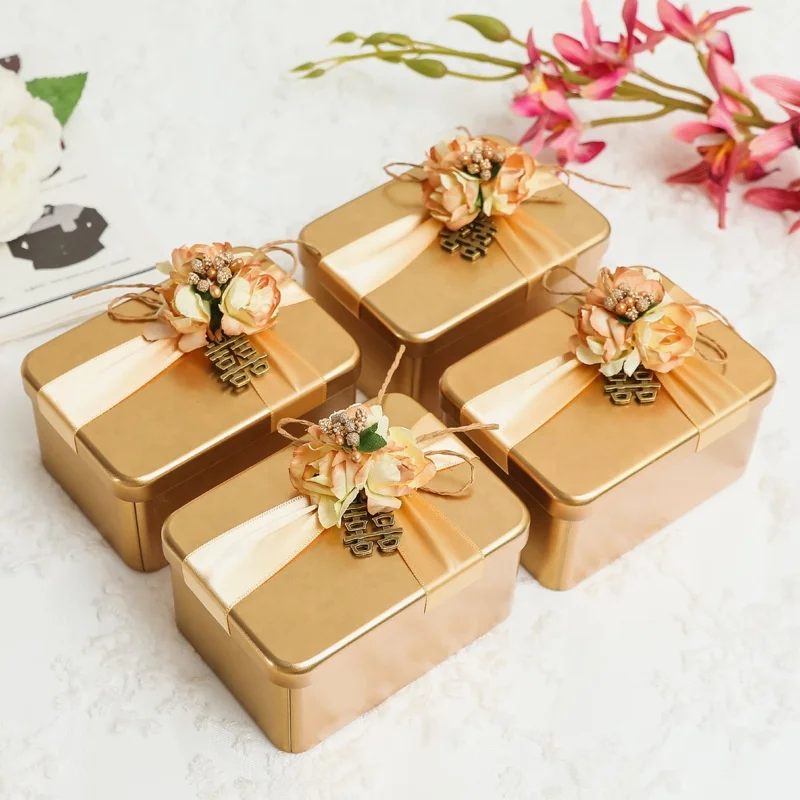 Rectangular /Round Metal Gold Red Wedding Candy Tin New Tinplate Wedding Gift Case Tins with small flower decorations TB110102