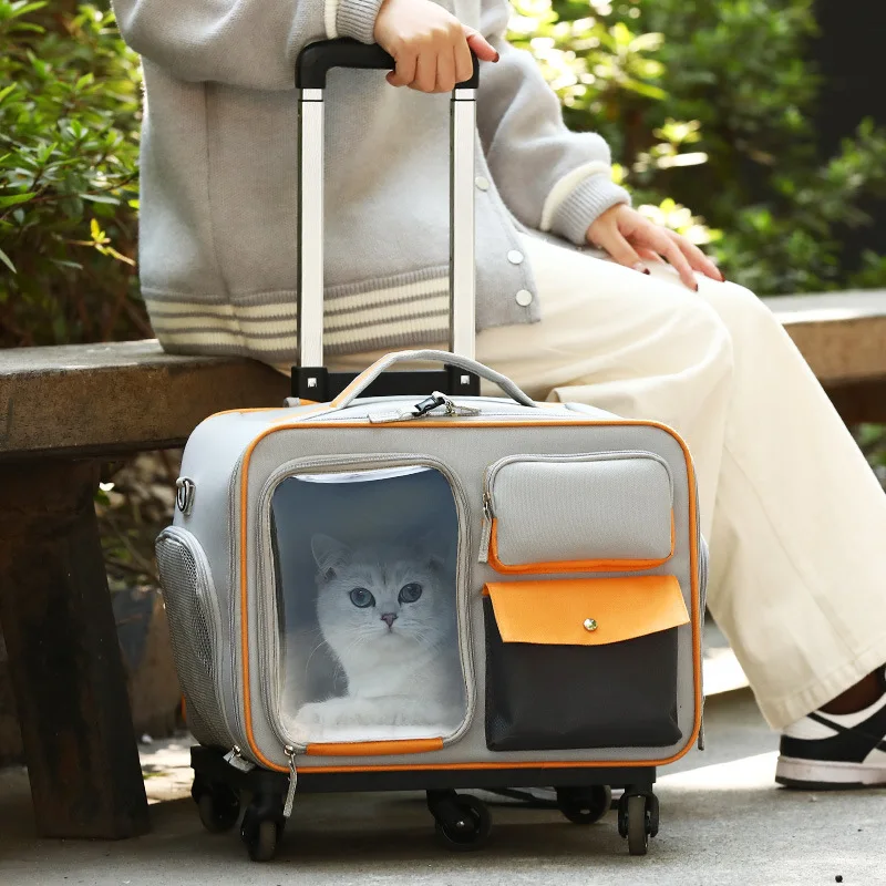 Portable Excursion Street Pet Trolley Case Luggage Dog Bag Large Capacity Outing Travel Mesh Cat Pet Backpacks With Wheels