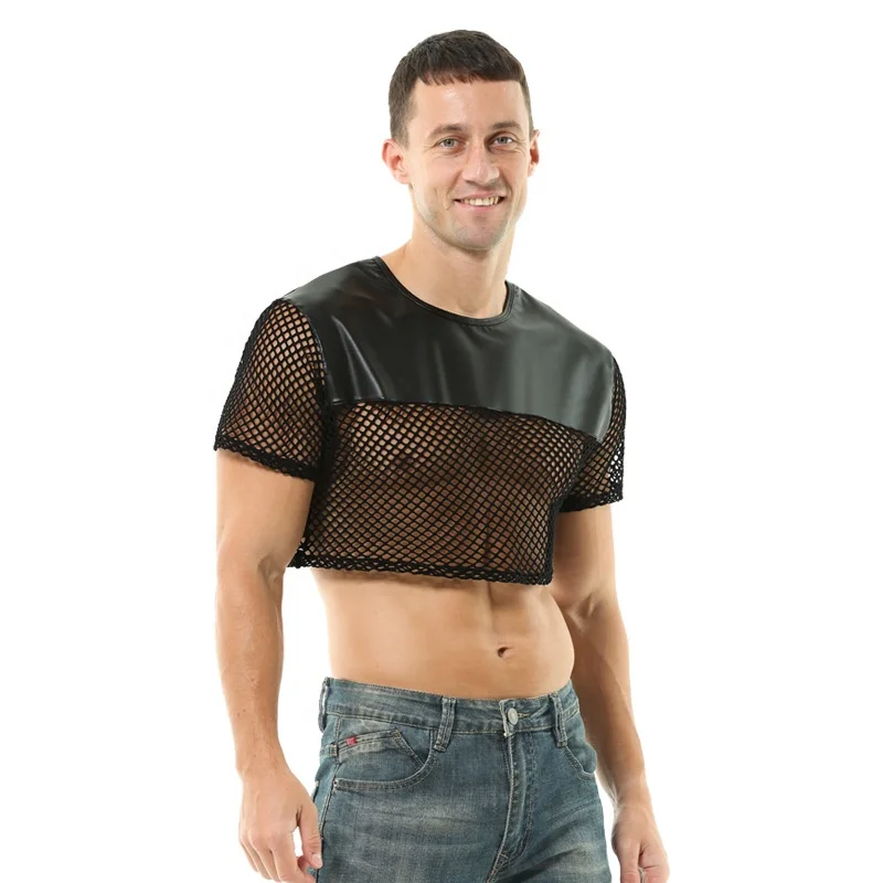 Mens Funny T Shirts Leather Crop Top Sexy Fishnet Club Attire Transparent Mesh Muscle Tee See Through Undershirt Tank Tops