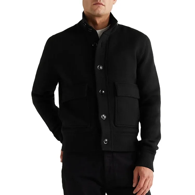 OEM custom men black leather trimmed merino wool bomber jacket with big pockets
