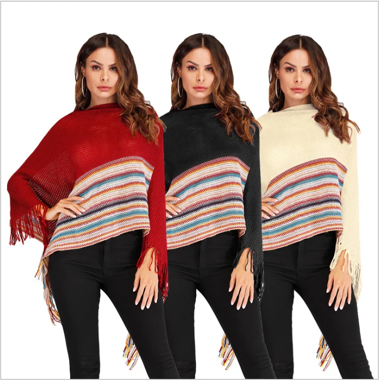 
European Style Autumn Womens Retro Stripes Printing pullover Vintage Turtleneck Long Sleeve Irregular Cape Knitted Sweater 