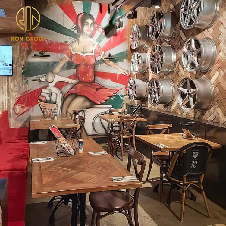 Custom Coffee shop fast food table Commercial furniture metal solid cafe wood wooden cafe restaurant table and chair set