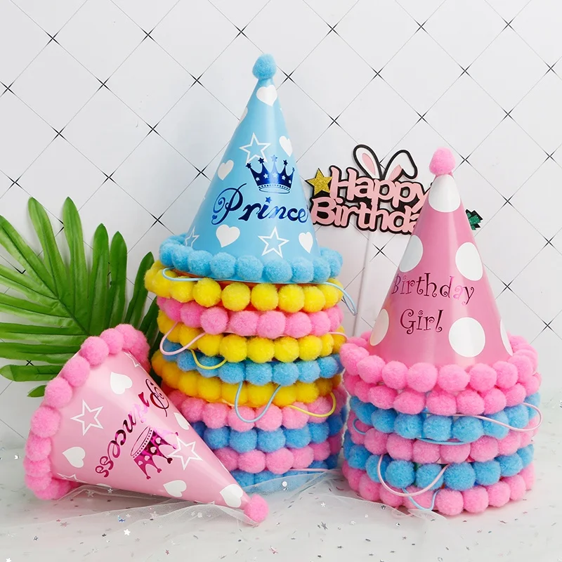 New Product Birthday Party Supplies Kids Birthday Paper Cone Hat With Pom Poms Birthday party hat party cone hat