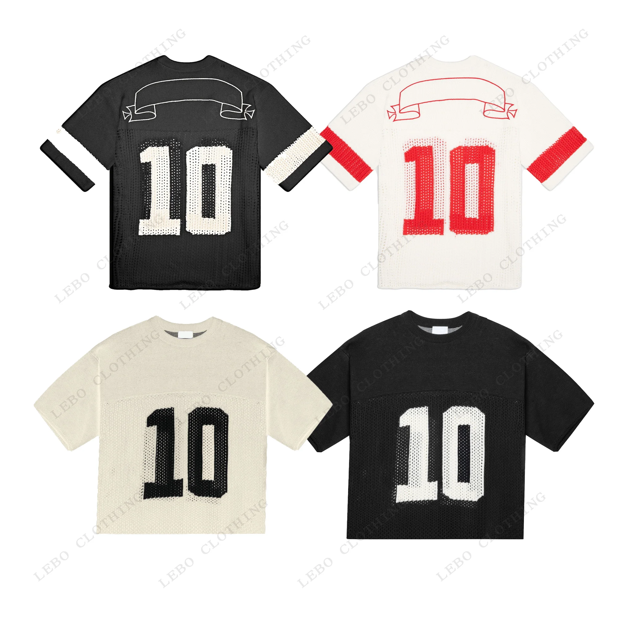 Custom logo pattern short sleeve loose hollow out crochet knit soccer jersey mesh men and women knitted football jerseys