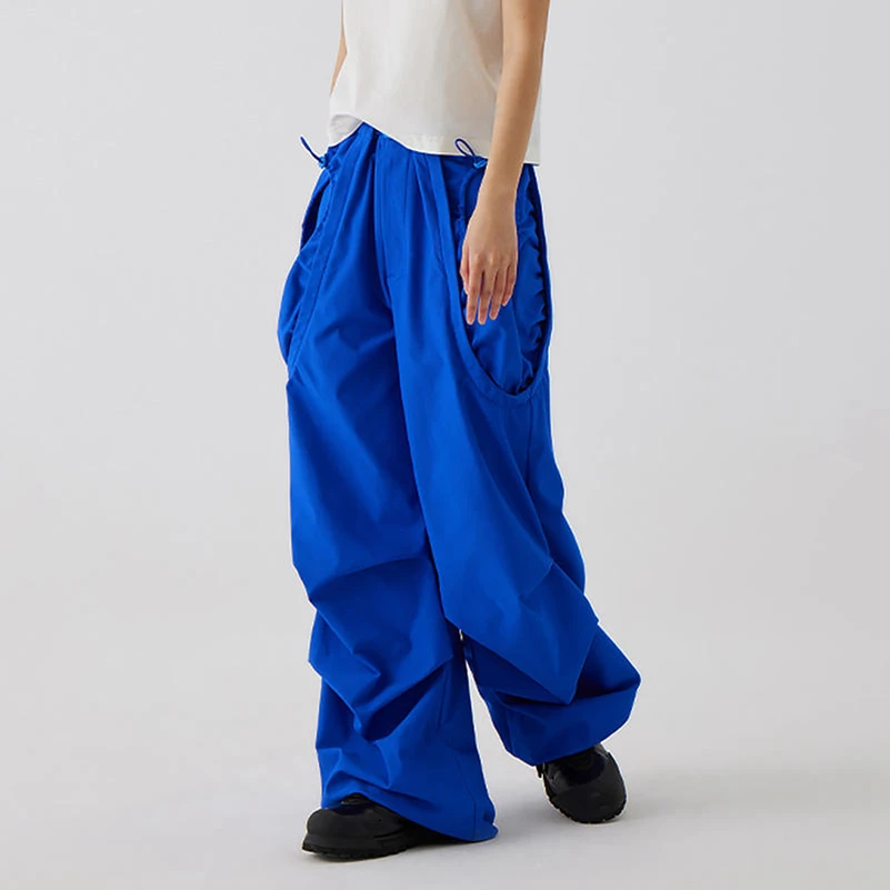 Oem drawstring elastic waist mens custom solid color oversized men baggy cargo parachute pants with large pocket