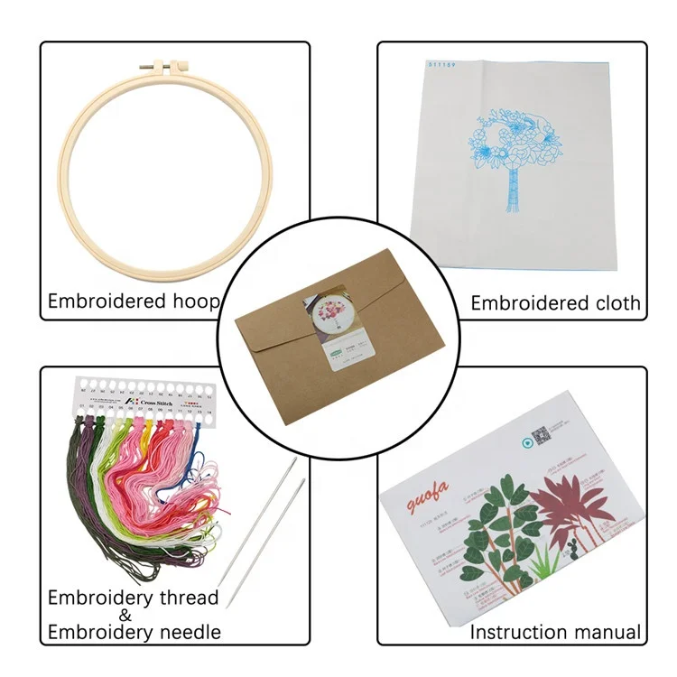 Wholesale Folk Craft Cross-stitch Flower Patterns DIY Embroidery Kit With Plastic Hoop