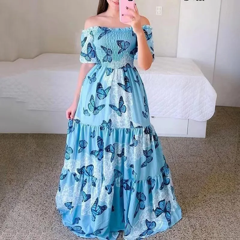 Popular styles ladies plus size off shoulder design ruffled floral animal print layered women long hem dresses