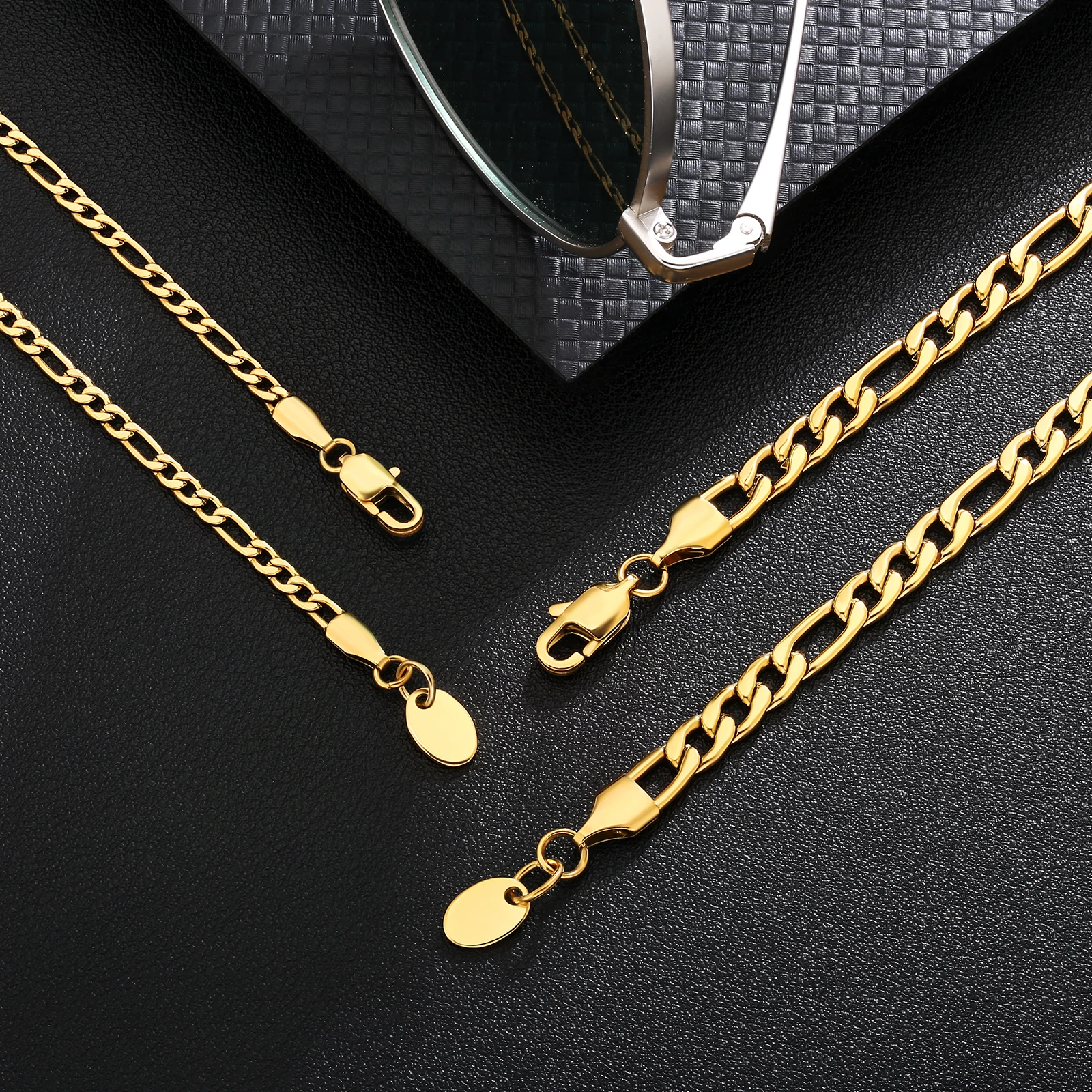 KRKC Wholesale Fashion jewelry 3mm 5mm 18K Gold Plated Link Stainless Steel Figaro Rope Cuban Chain Necklace Mens Chains