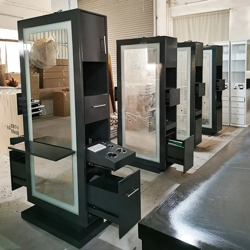 Unique design salon station cabinet black wooden hair salon mirror led designs for wholesales