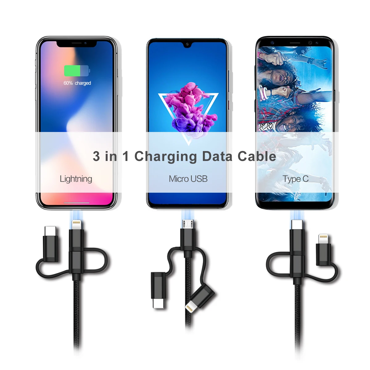 Hot Sale Nylon Braided 3 in 1 USB Cable Fast Charger for iPhone Android Mico Multi Use High Speed Data Sync 3 in 1 USB Cable