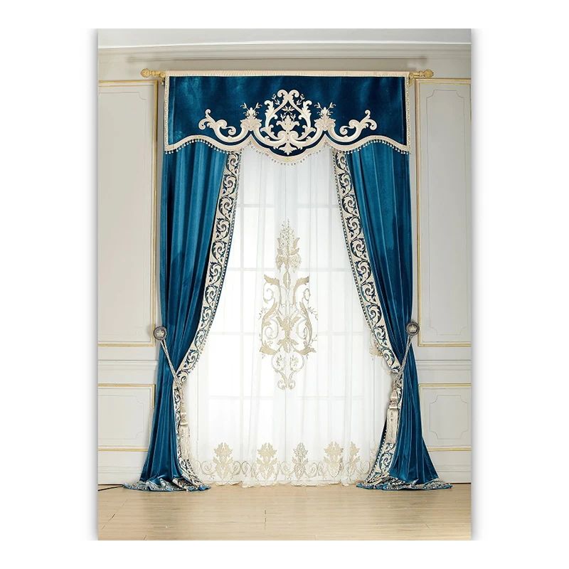 Wholesale High Quality Ready Made Polyester Damask Fabric Wave Embroidery Luxury Blackout Window Curtains For The Living Room