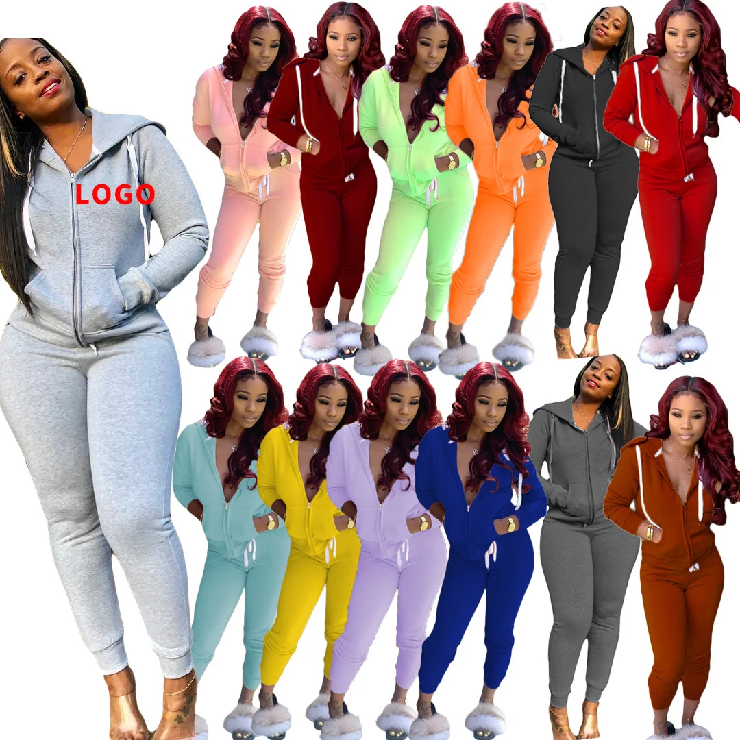 women sweatsuit set Two-Piece  Solid Color Zipper Fly Long Sleeve Hooded  women sweatsuit set  women jogging suit set