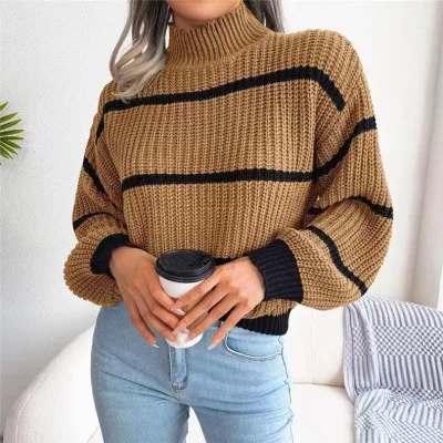 Autumn Winter European Style Casual Striped Lantern Sleeve Half Turtleneck Knitted Pullover Woman Sweater
