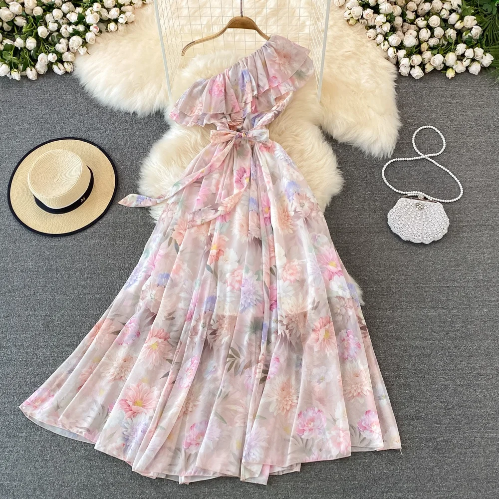 Seaside Holiday Fashion Dress Oblique Neck Single Side Open Shoulder Lotus Leaf High Waist Printed Dress Women