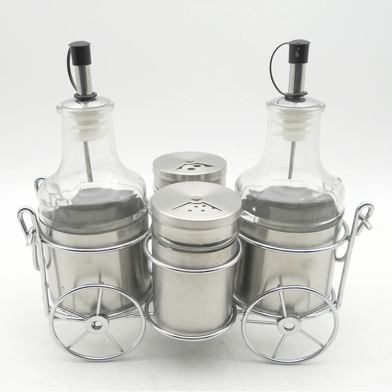 4pcs glass spice set with metal rack glass salt pepper oil and vinegar condiment cruet set with stainless steel lid cover