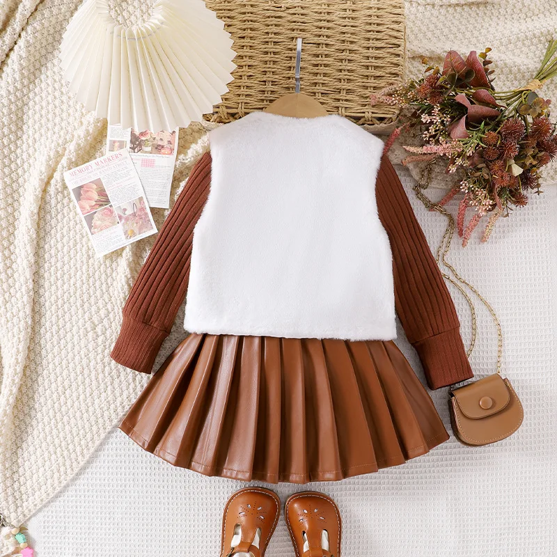 2024 New types Autumn and Winter Long sleeve inner match + flocky vest +PU leather short skirt 3 pieces set
