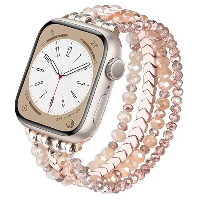 LeYi Luxury Beaded Bracelet Crystal Handmade Elastic watch strap for iWatch 9/8 45mm 40mm Replacement Watch Band for iWatch 10