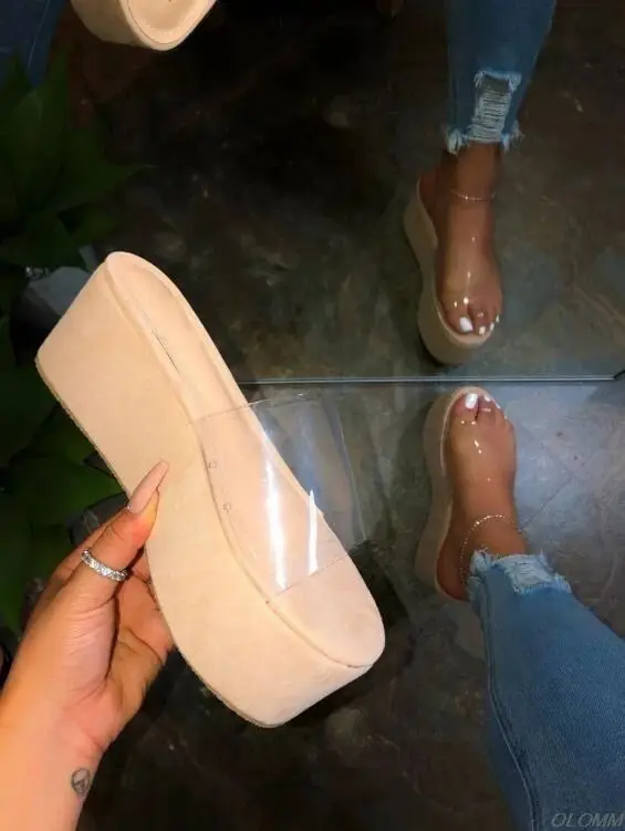 Clear Strap Sandals for Women High Heels Peep Toe Platform Dress Shoes Flats Slippers