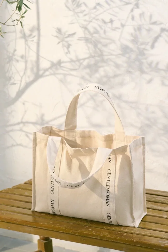 Custom Logo Large Gentle Women Gift Reinforced Handle Cotton Canvas Shoulder Tote Bag with Pocket