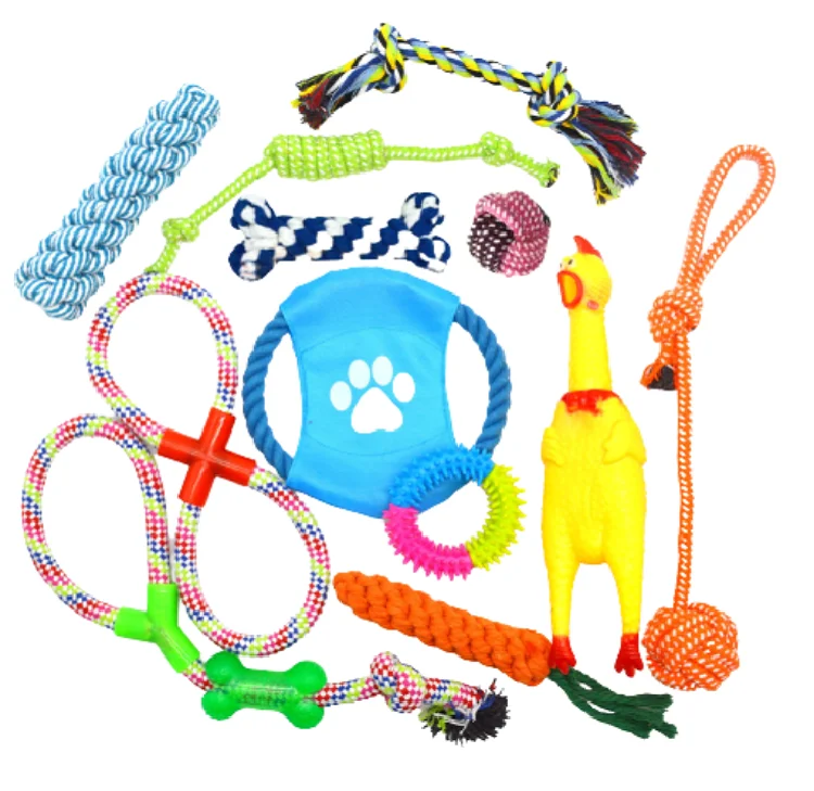 Custom 12 Pack Pet Dog Chew Teething Toy Cotton Rope Dog Toys Squeaky Dog Chicken Toy Set