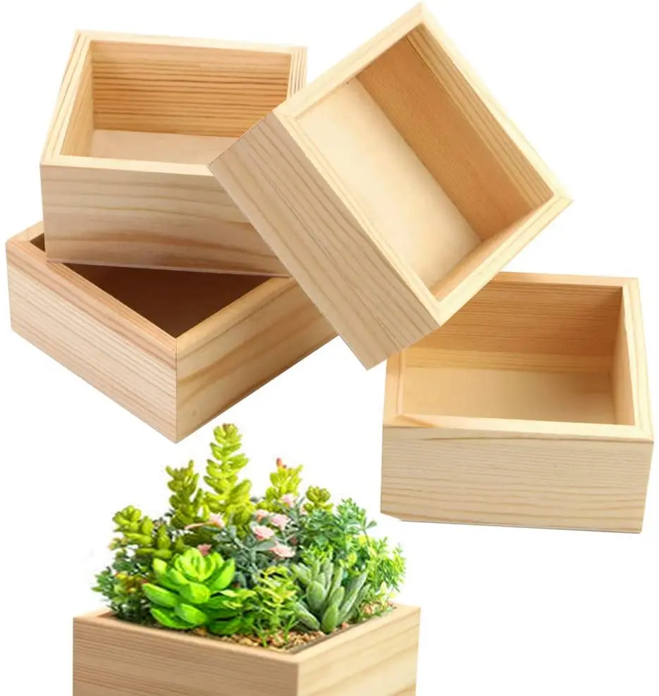 Unfinished Wooden Box Small Wood Square Storage Organizer Container Craft Box for DIY Craft Collectibles Home
