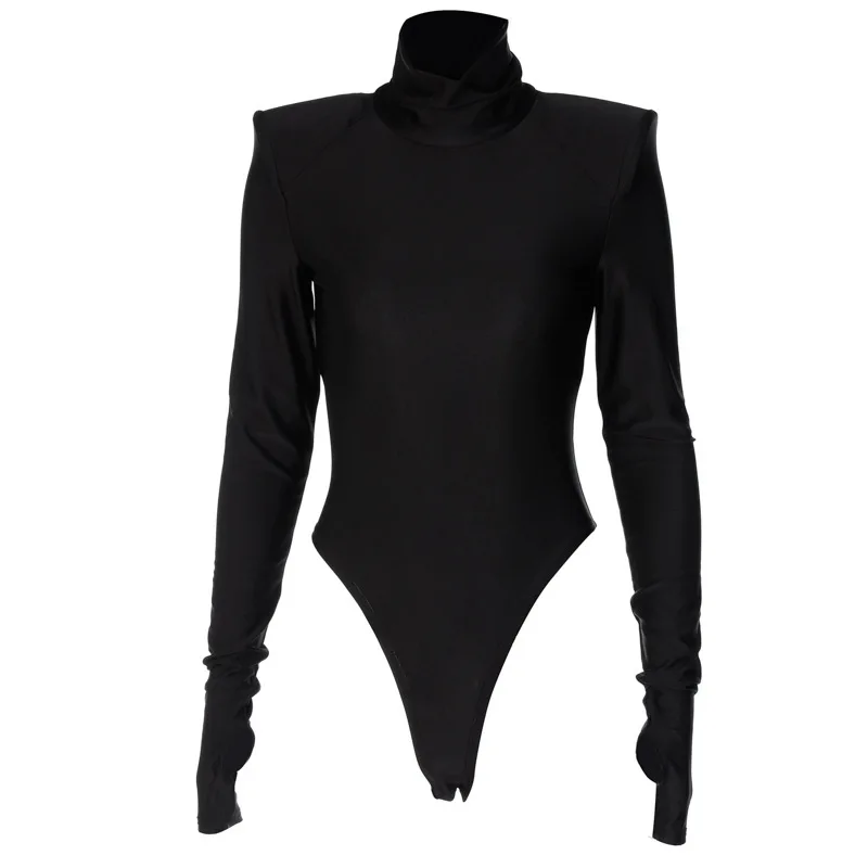 2023 Fashion Solid Turtleneck Shoulder Pads Base Shirt Catsuit Woman Long Sleeve Finger Jumpsuit Onesie Women Bodysuit