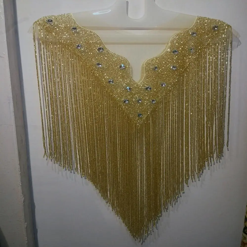 Hand Made Indian French Lace With Beaded And Stone appliques Deep-V neckline fringe
