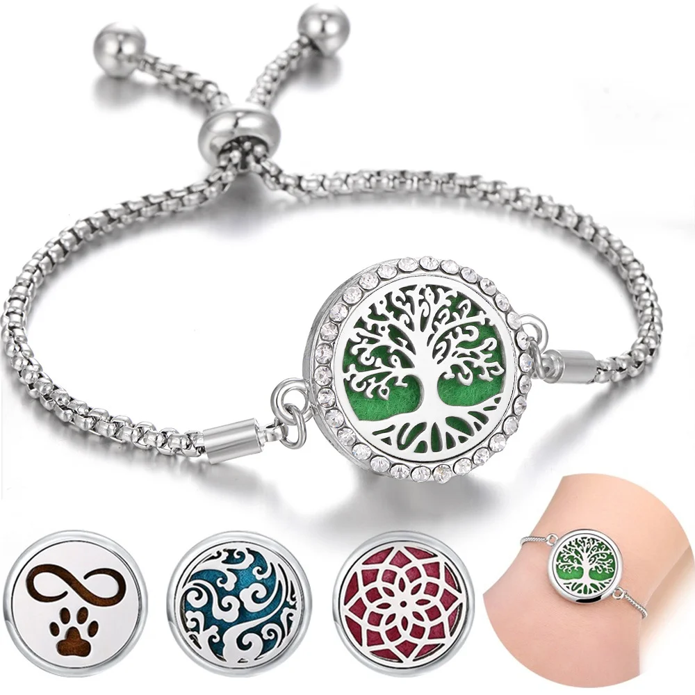 Life tree Stainless steel hollow out perfume diffuser bracelet can open essential oil bracelet adjustable size alloy bracelet