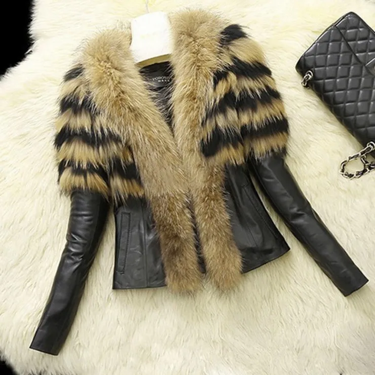 New Winter Faux Leather Jacket Women Sheepskin Ladies Hit Color Fashion Faux Fur Coat