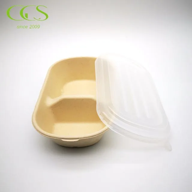 850ml Biodegradable Disposable Wheat Straw Pulp Food Container Double Compartment with Lid Eco-Friendly Paper for Camping