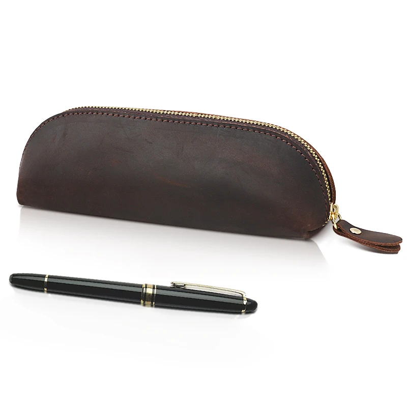 Factory custom crazy horse leather zipper pencil cases & bags for girls school