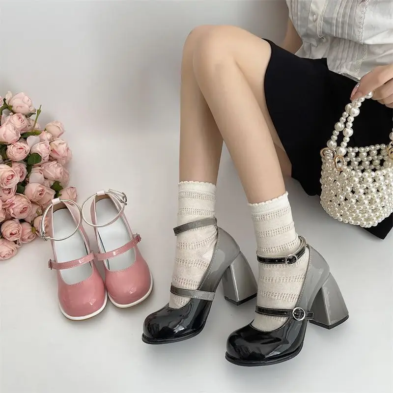 Womens Shoes 2023 New Elegant Beautiful Mary Jane Shoes Woman Patchwork Waterproof Sweet High Heels Shoes For Woman