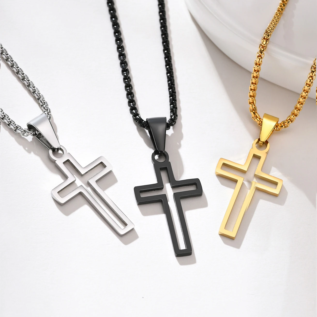 CAOSHI Stainless Steel Christian Catholic Religious Punk Necklace Silver Gold Black Color Box Chain Cross Necklace for Men Women