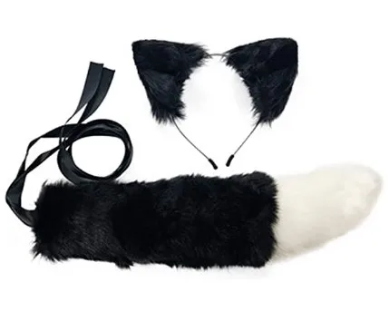 Handmade Fox Wolf Ears Headband and Faux Fur Tail for Halloween Cosplay Party Costume Accessories