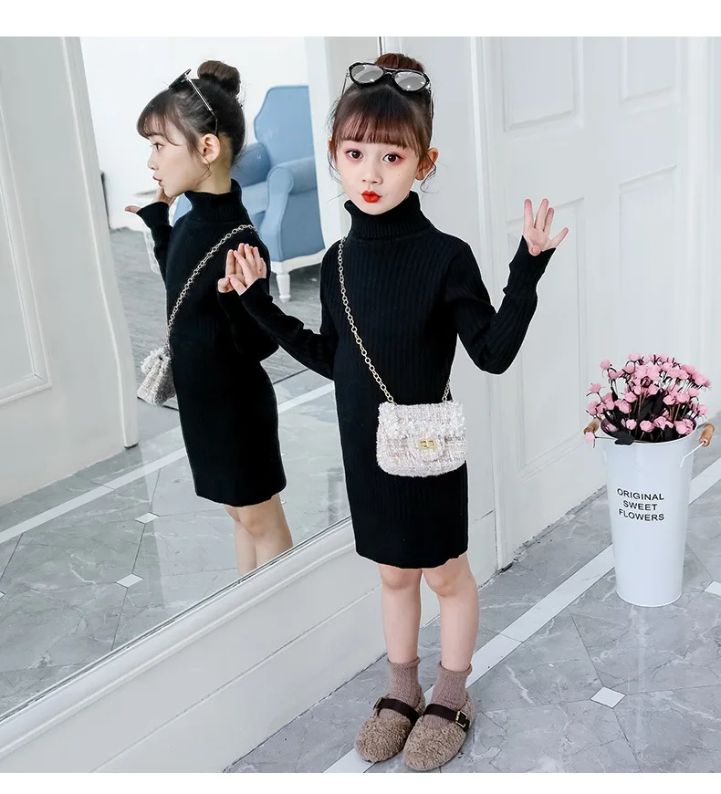 
Korean Girls sweater children turtleneck bag hip knitted skirt kids plus velvet mid-length bottoming sweater dress 