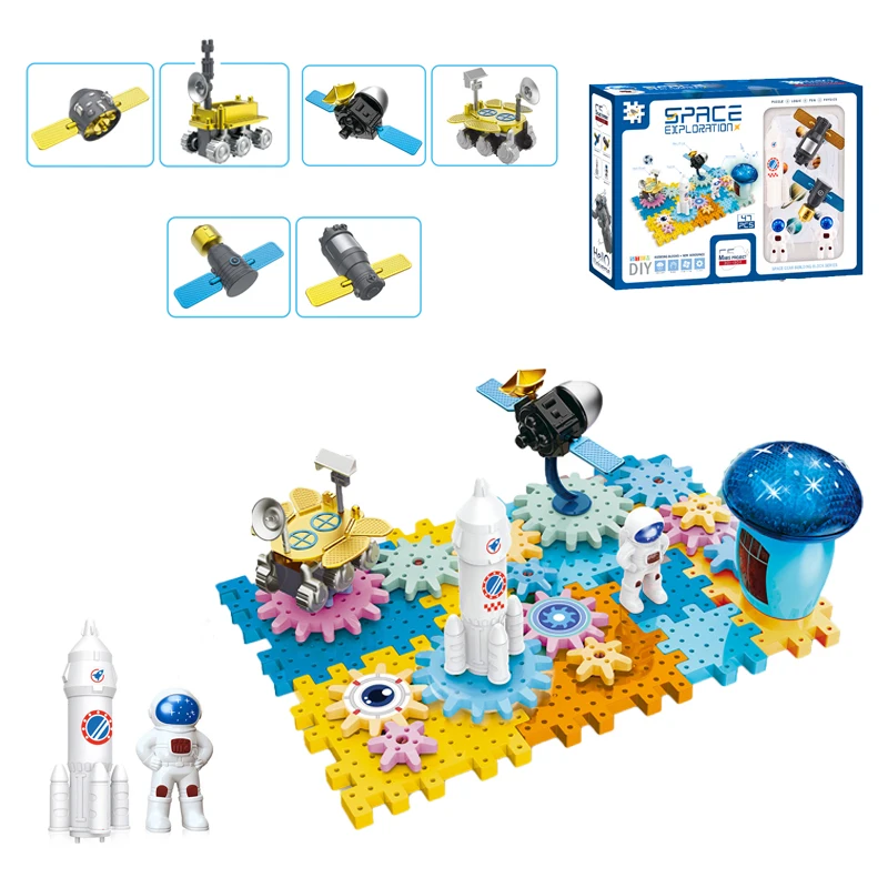Puzzle DIY Assembly Toy Space Series Space Station Moon Mars Astronaut Electric Gear Building Blocks with Music and Lights