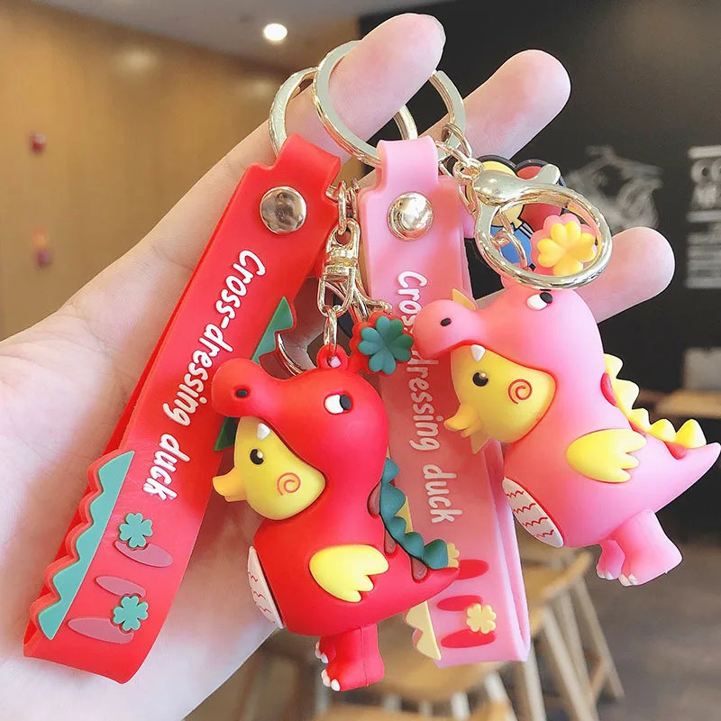 Hot Sale PVC Silicone Cartoon Dinosaur Duck Design Funny Key Chain Wholesale Custom Promotional Gift Car Bag Pendant Key Ring