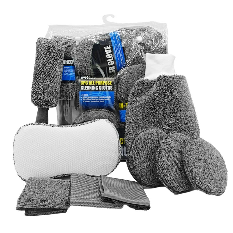 9pcs Car Wash Kit Microfiber Towel Detailing Car Wheel Brush Waxing Sponge Combination Car Cleaning Tools