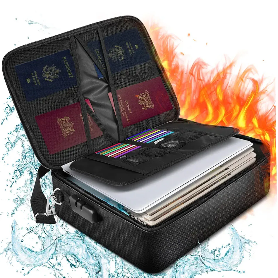 Hot Sale Large Capacity Folding Business Use File Cash Passport Legal Documents Safe Storage Zipper Fireproof Bag With Lock