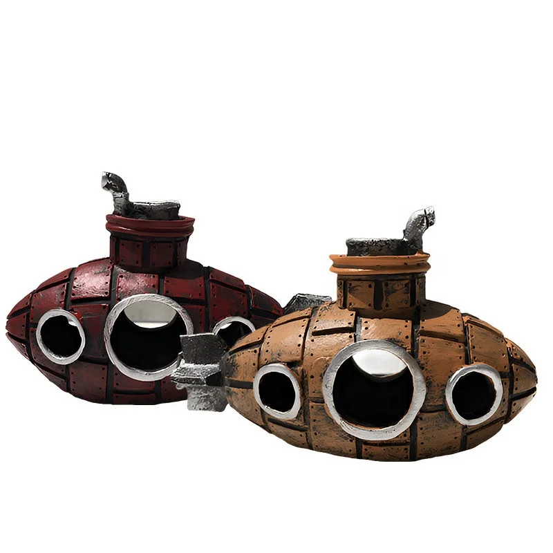 Wholesale Rock Cave Decor For Fish Shrimp Artificial Submarine Ship Air Bubble Decoration Aquarium Ship Boat Ornament Aquatic