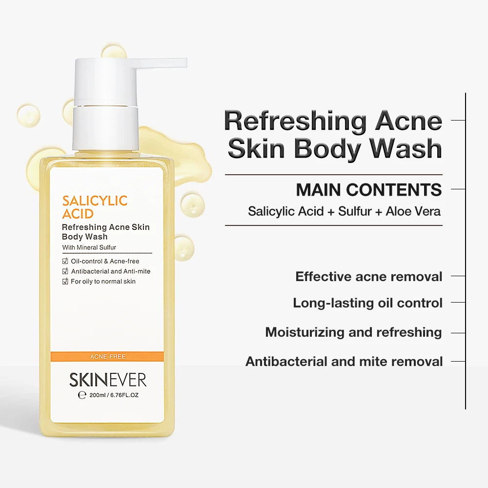 Refreshing Gel Body Wash Salicylic Acid Sulfur Infused Anti-Acne Anti-Mite Skin Care Adults Herbal Formula Liquid SKINEVER