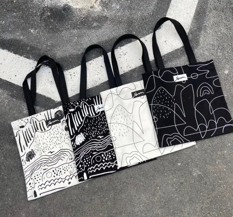 B057 recycle Pattern minimalist canvas Tote Woman bag handmade birthday gift for her reusable laptop modern printed bag supplier