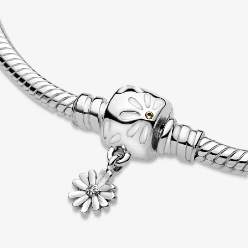 White Enamel Daisy Flower Barrel Clasp With Yellow Crystals and CZ Dangling Flower S925 Sterling Silver Snake Chain Bracelet
