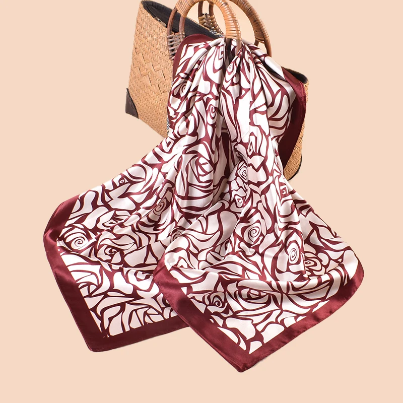 Spring/Summer Retro Rose Versatile Decorative Silk Scarf Printed 90 High Quality Satin Square Scarf for women