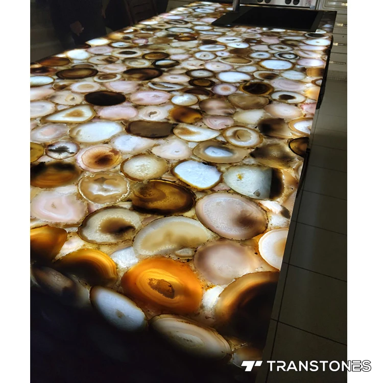 Natural Agate Kitchen Island White Onyx Translucent Wall Panel Glossy Agate Tile Luxury Home Decor