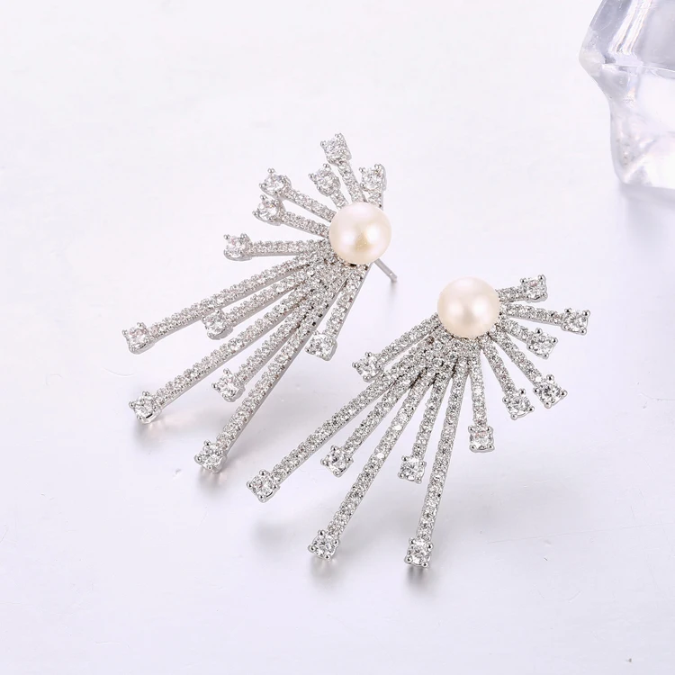 bridal earrings cz pearl studs sparking cz line bling luxury women earring